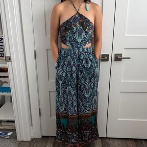 Sleeveless Boho Halter Cutout Maxi Jumpsuit in Teal & Navy by Free People size S